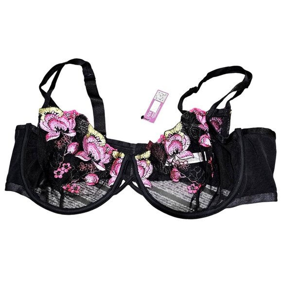 Womens 42G Black & Pink Lace Underwire Bra - Picture 1 of 6